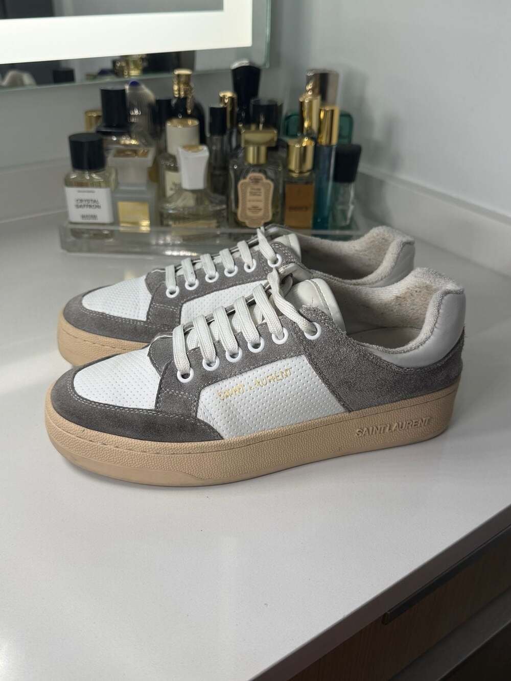 Saint Laurent SL/61 Low-Top Sneakers in White and Grey Suede